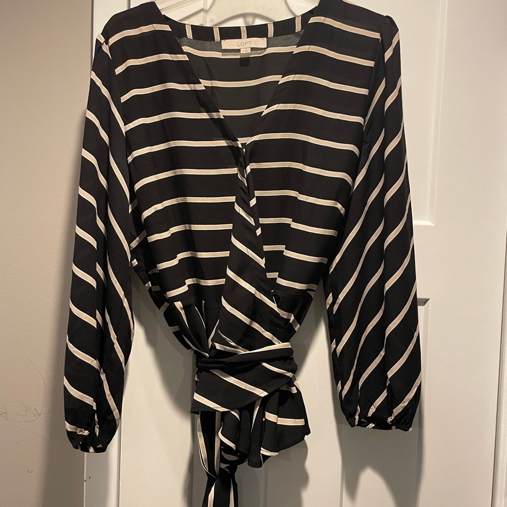 LOFT Black and White Striped Wrap Blouse